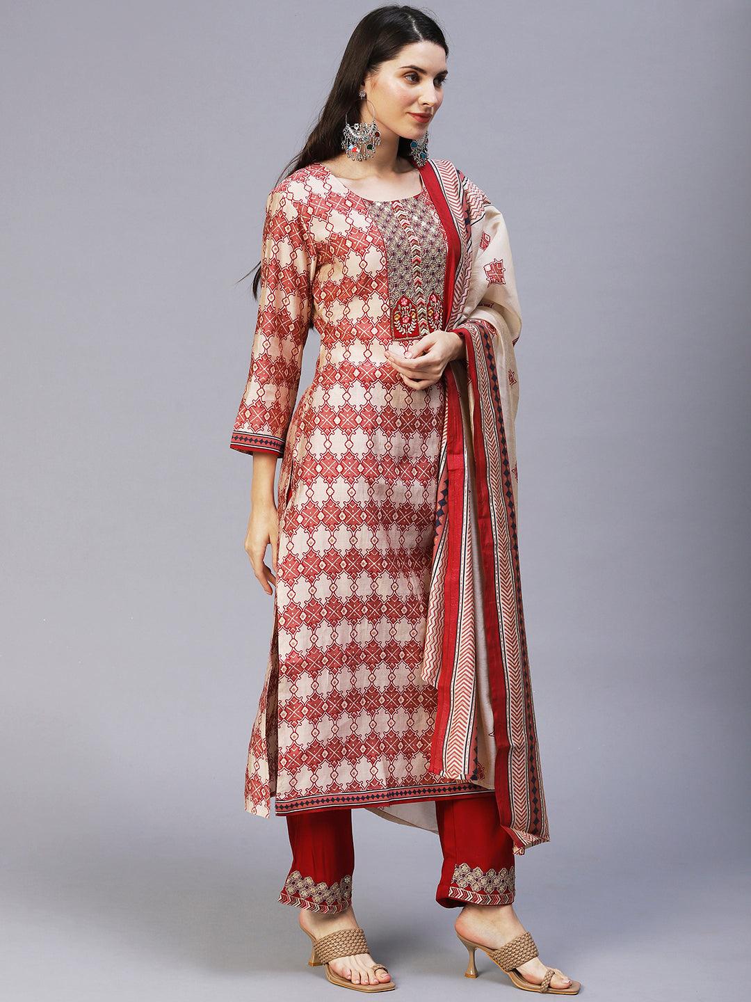 Ethnic Printed & Embroidered Kurta with Pants & Dupatta - Maroon - Indiakreations