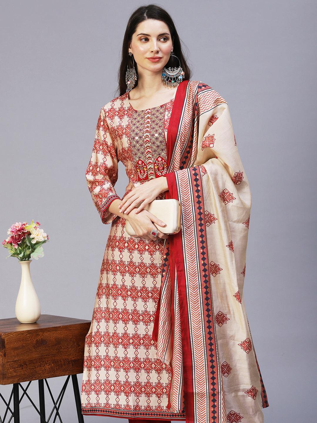 Ethnic Printed & Embroidered Kurta with Pants & Dupatta - Maroon - Indiakreations