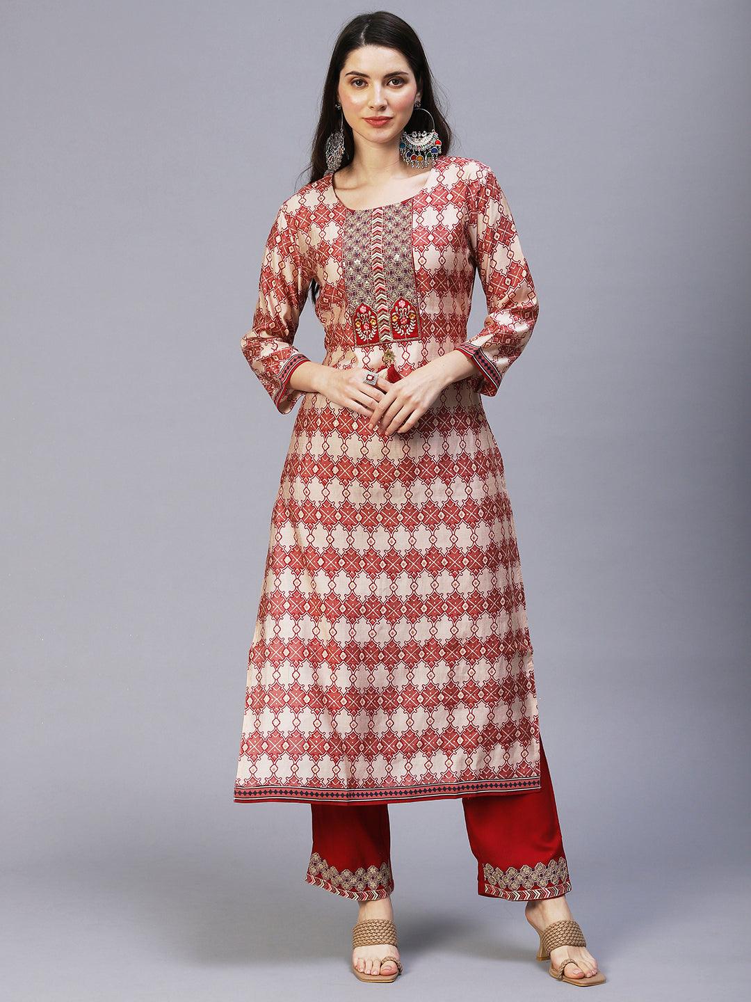 Ethnic Printed & Embroidered Kurta with Pants & Dupatta - Maroon - Indiakreations