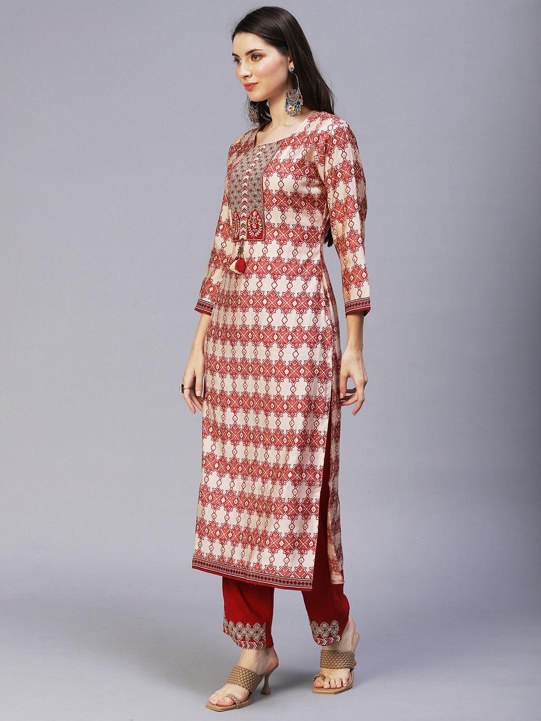 Ethnic Printed & Embroidered Kurta with Pants & Dupatta - Maroon - Indiakreations