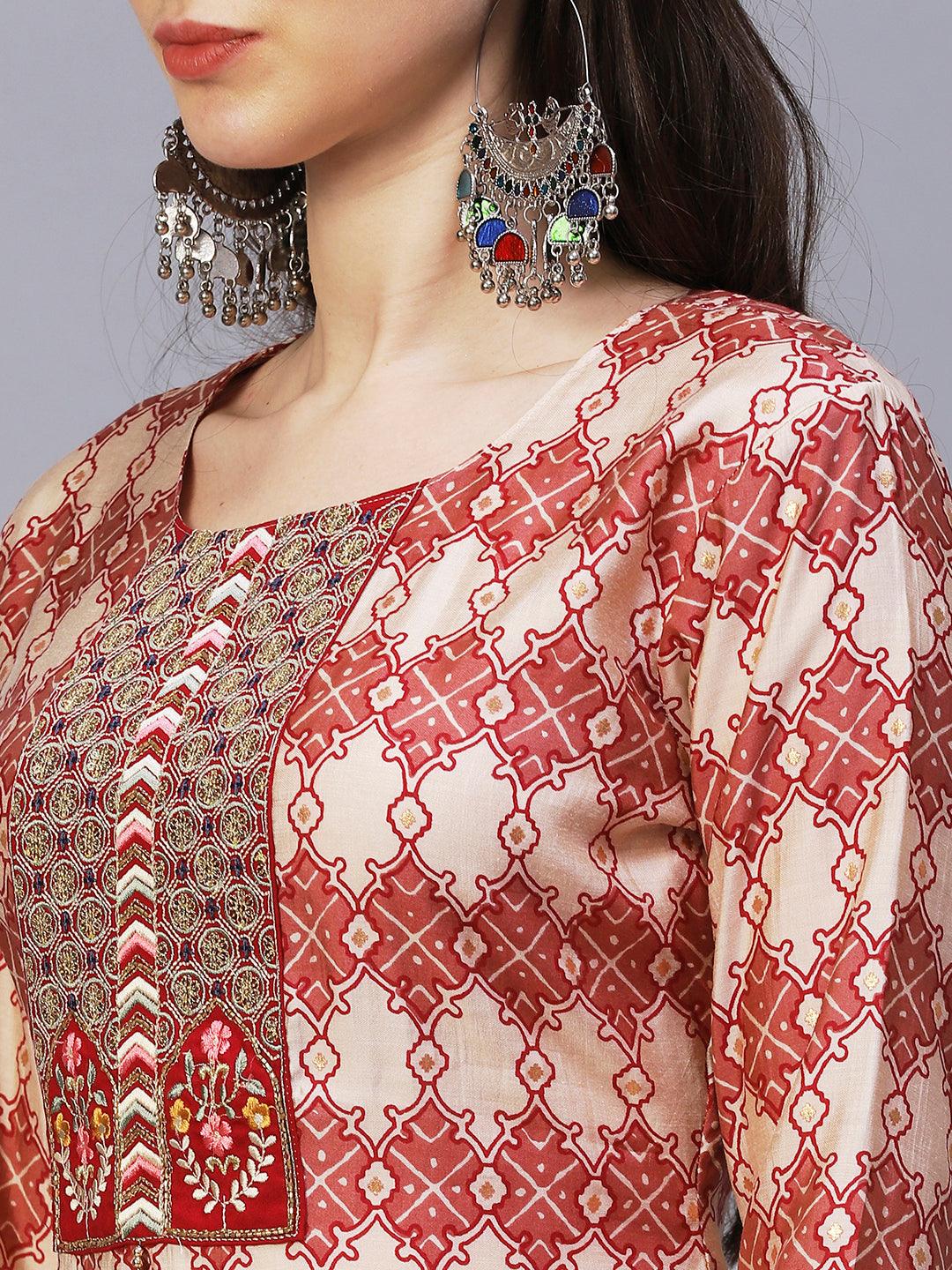 Ethnic Printed & Embroidered Kurta with Pants & Dupatta - Maroon - Indiakreations