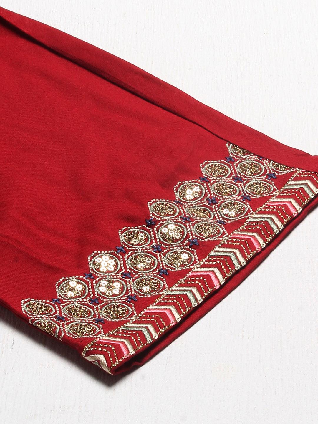 Ethnic Printed & Embroidered Kurta with Pants & Dupatta - Maroon - Indiakreations