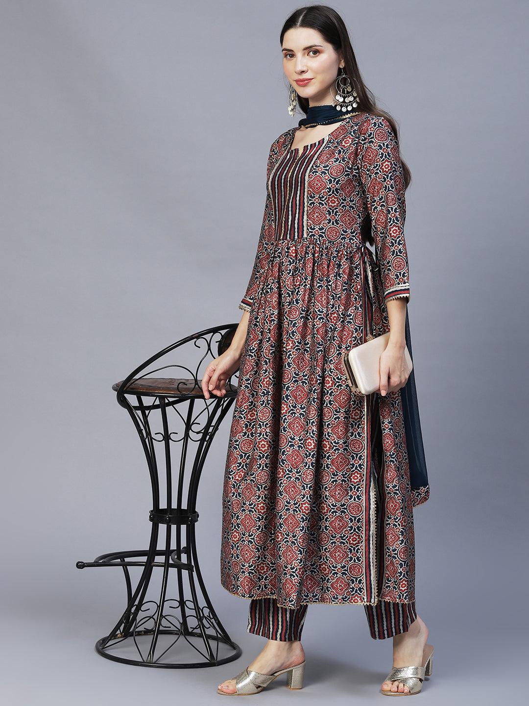 Ethnic Printed A-Line Kurta with Pants & Dupatta - Multi - Indiakreations