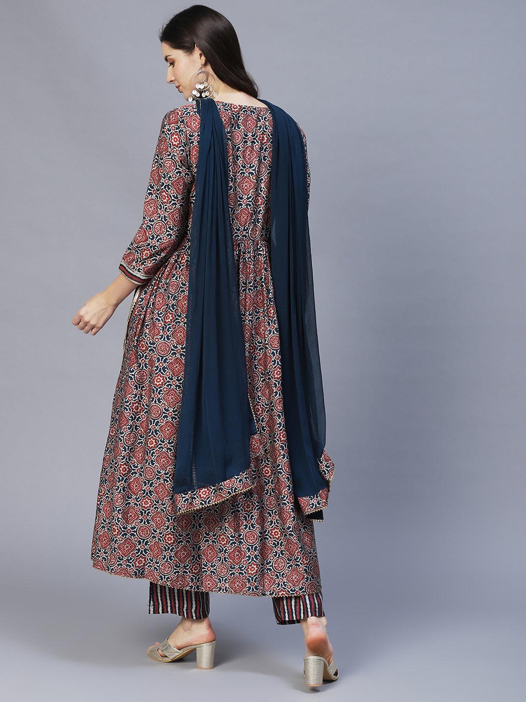 Ethnic Printed A-Line Kurta with Pants & Dupatta - Multi - Indiakreations