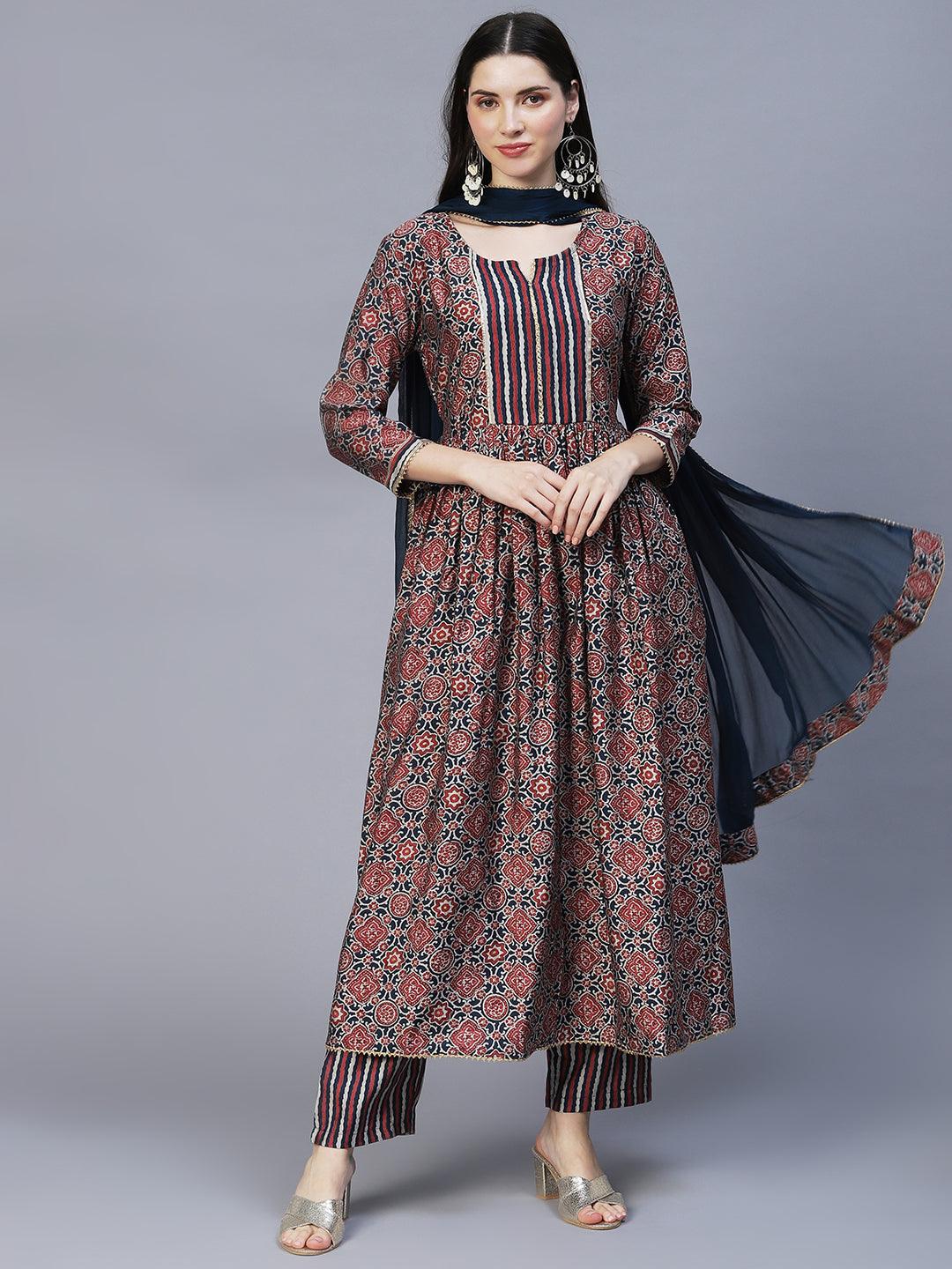 Ethnic Printed A-Line Kurta with Pants & Dupatta - Multi - Indiakreations