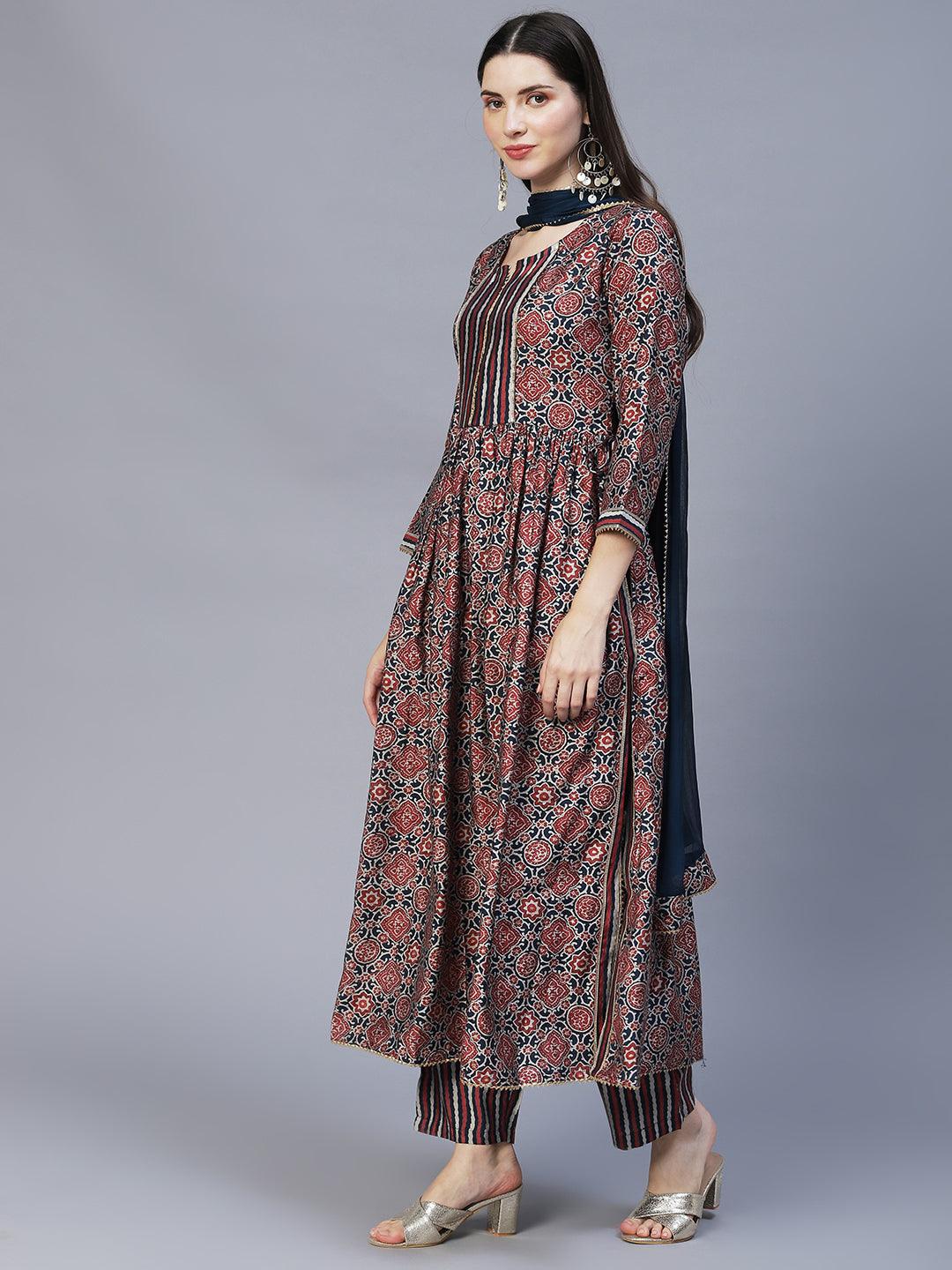 Ethnic Printed A-Line Kurta with Pants & Dupatta - Multi - Indiakreations