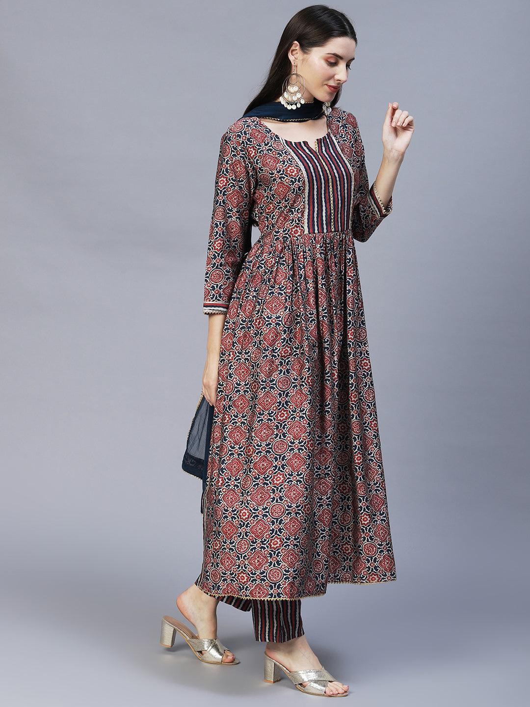 Ethnic Printed A-Line Kurta with Pants & Dupatta - Multi - Indiakreations