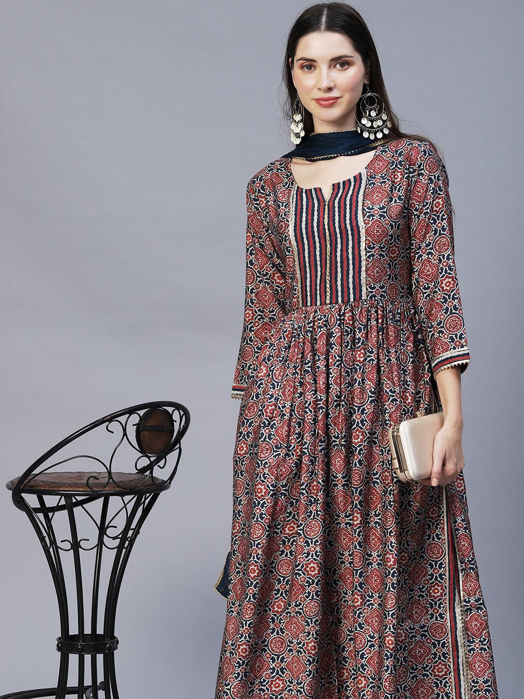 Ethnic Printed A-Line Kurta with Pants & Dupatta - Multi - Indiakreations