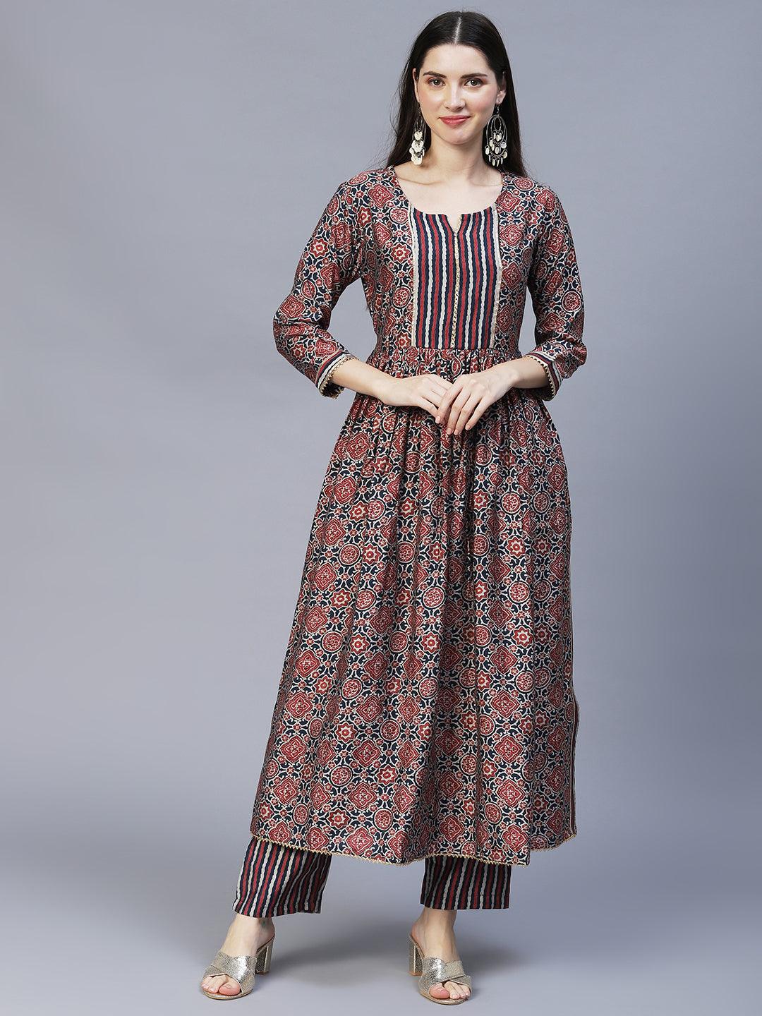 Ethnic Printed A-Line Kurta with Pants & Dupatta - Multi - Indiakreations