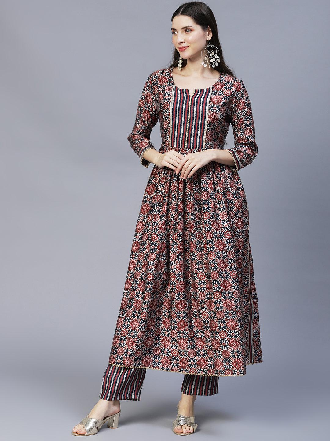 Ethnic Printed A-Line Kurta with Pants & Dupatta - Multi - Indiakreations