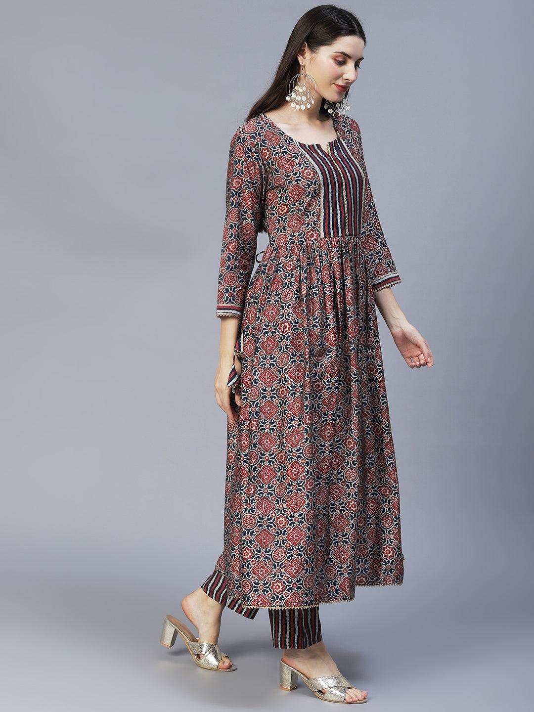 Ethnic Printed A-Line Kurta with Pants & Dupatta - Multi - Indiakreations