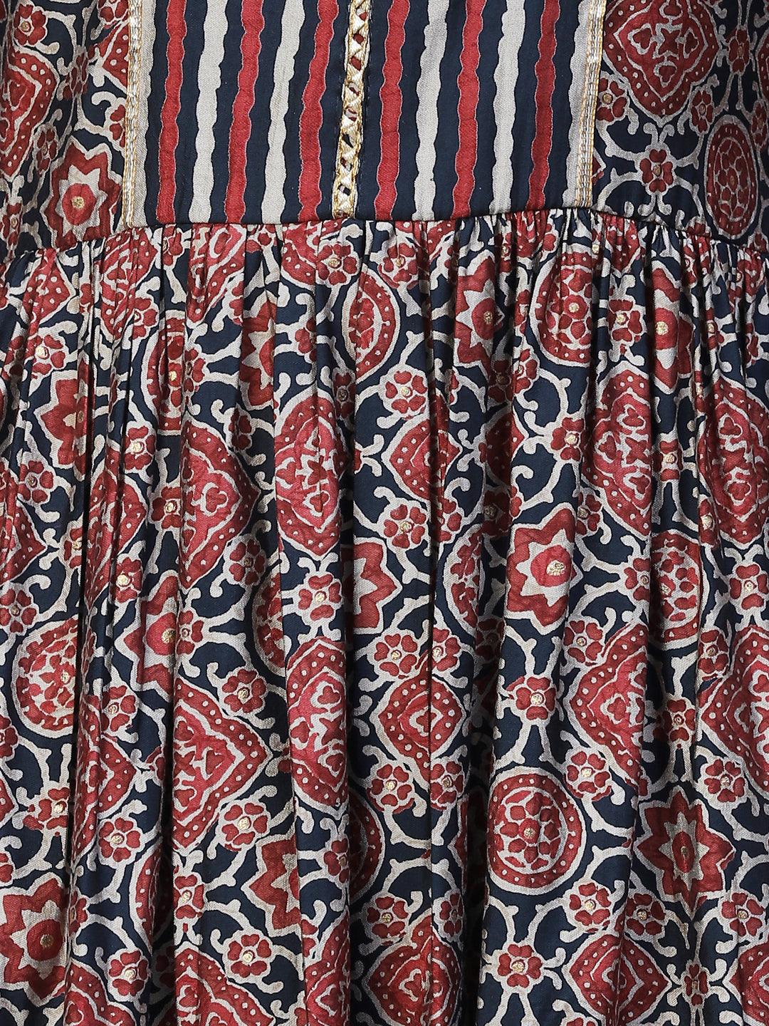 Ethnic Printed A-Line Kurta with Pants & Dupatta - Multi - Indiakreations