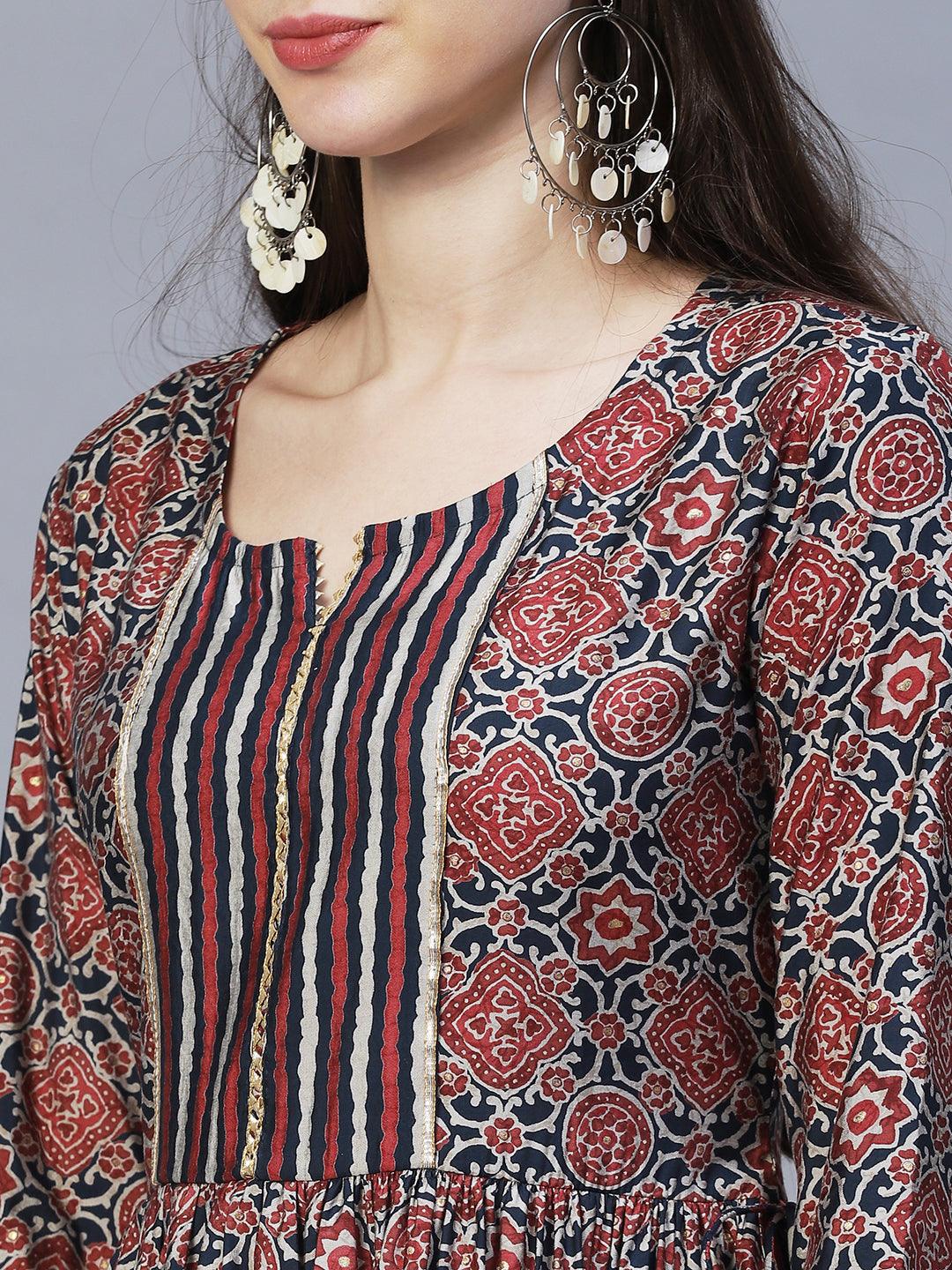 Ethnic Printed A-Line Kurta with Pants & Dupatta - Multi - Indiakreations