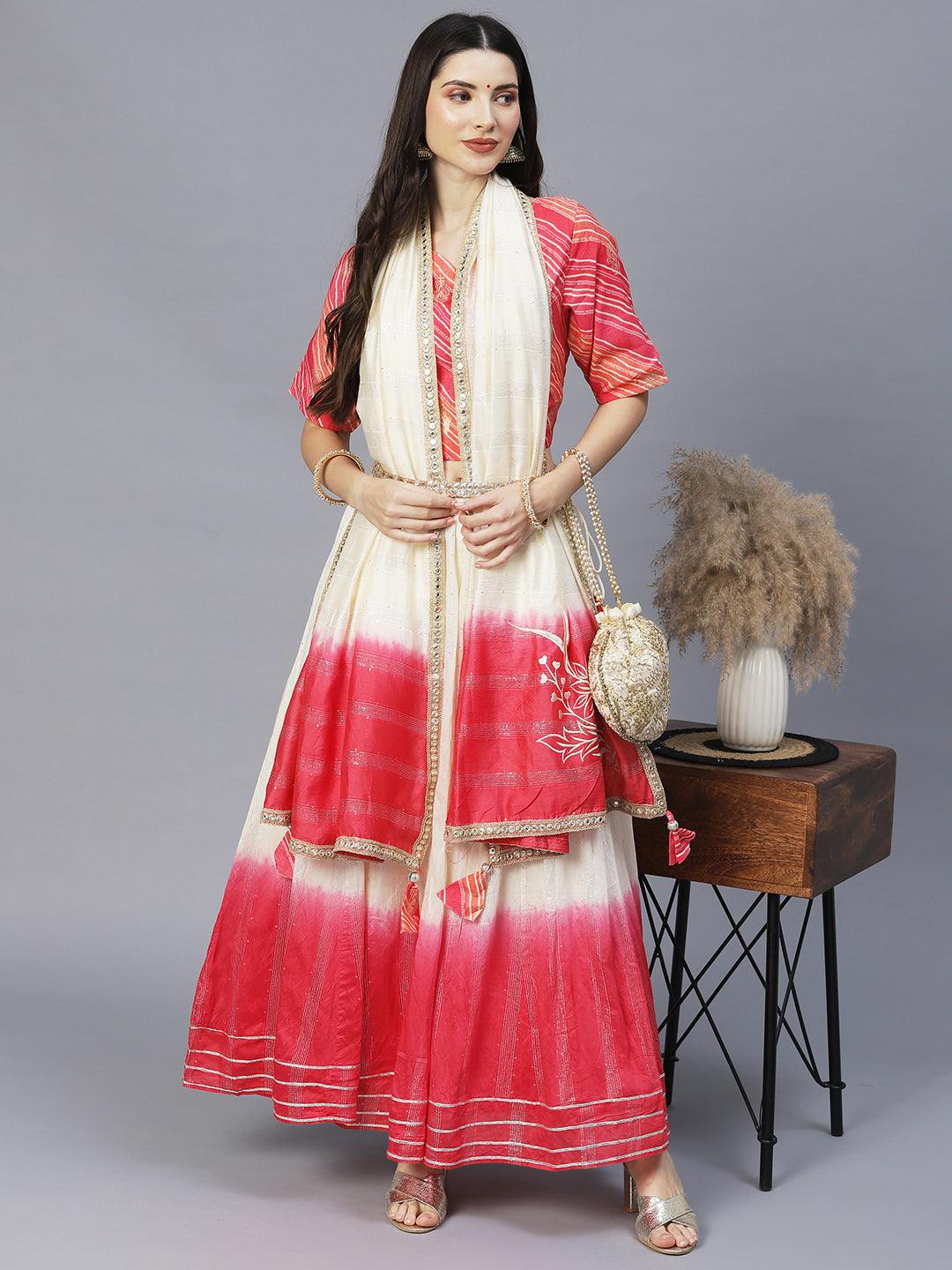 Ethnic Printed Short Top with Flared Skirt & Dupatta - Pink - Indiakreations