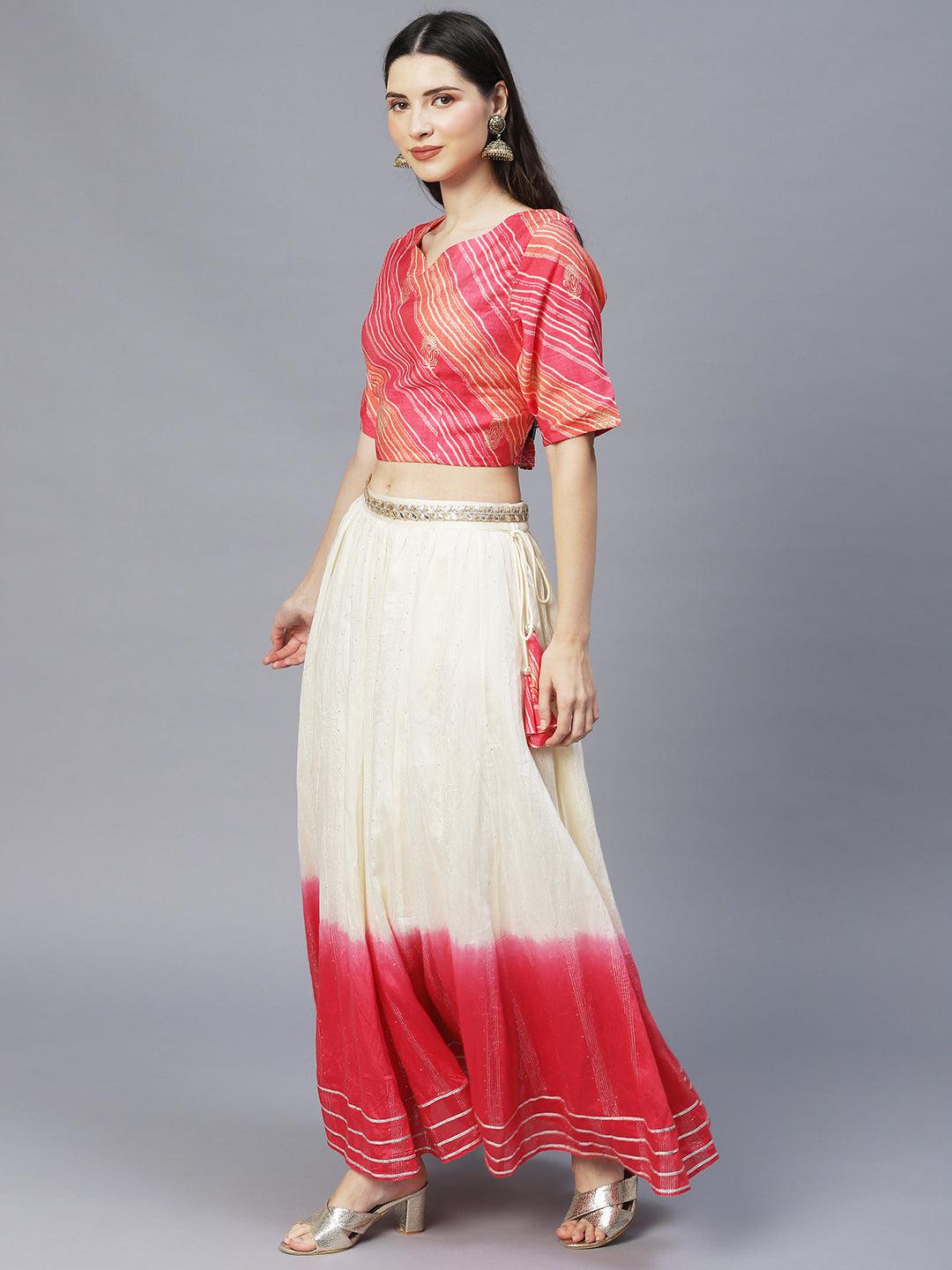 Ethnic Printed Short Top with Flared Skirt & Dupatta - Pink - Indiakreations