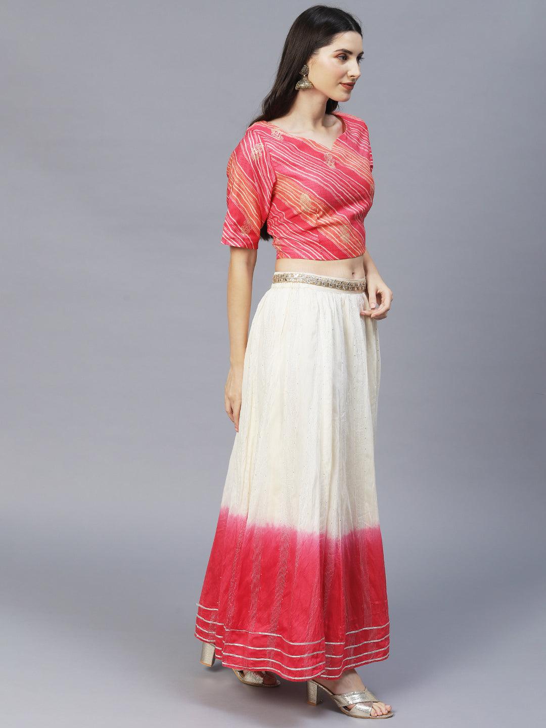 Ethnic Printed Short Top with Flared Skirt & Dupatta - Pink - Indiakreations