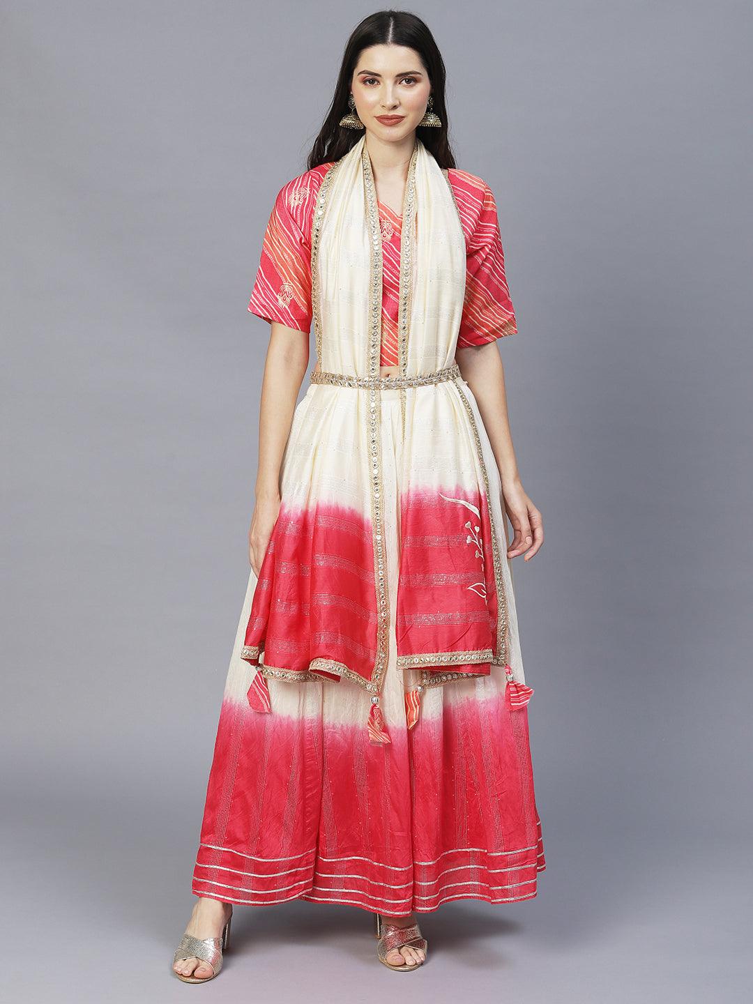 Ethnic Printed Short Top with Flared Skirt & Dupatta - Pink - Indiakreations