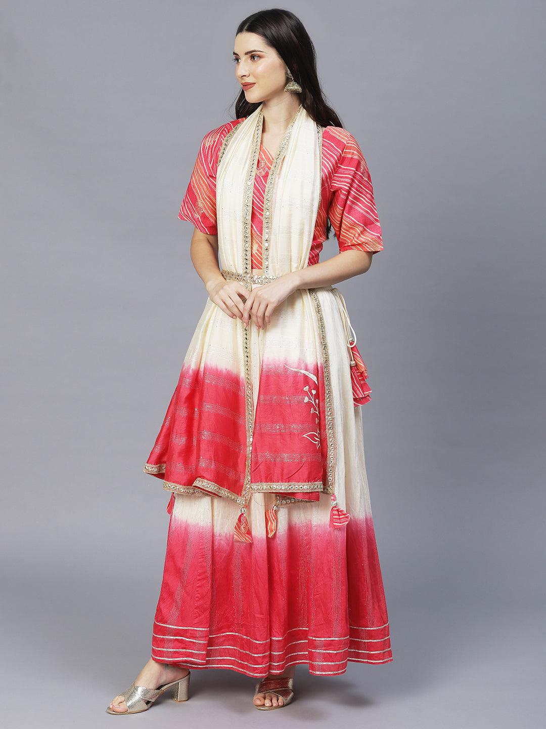 Ethnic Printed Short Top with Flared Skirt & Dupatta - Pink - Indiakreations