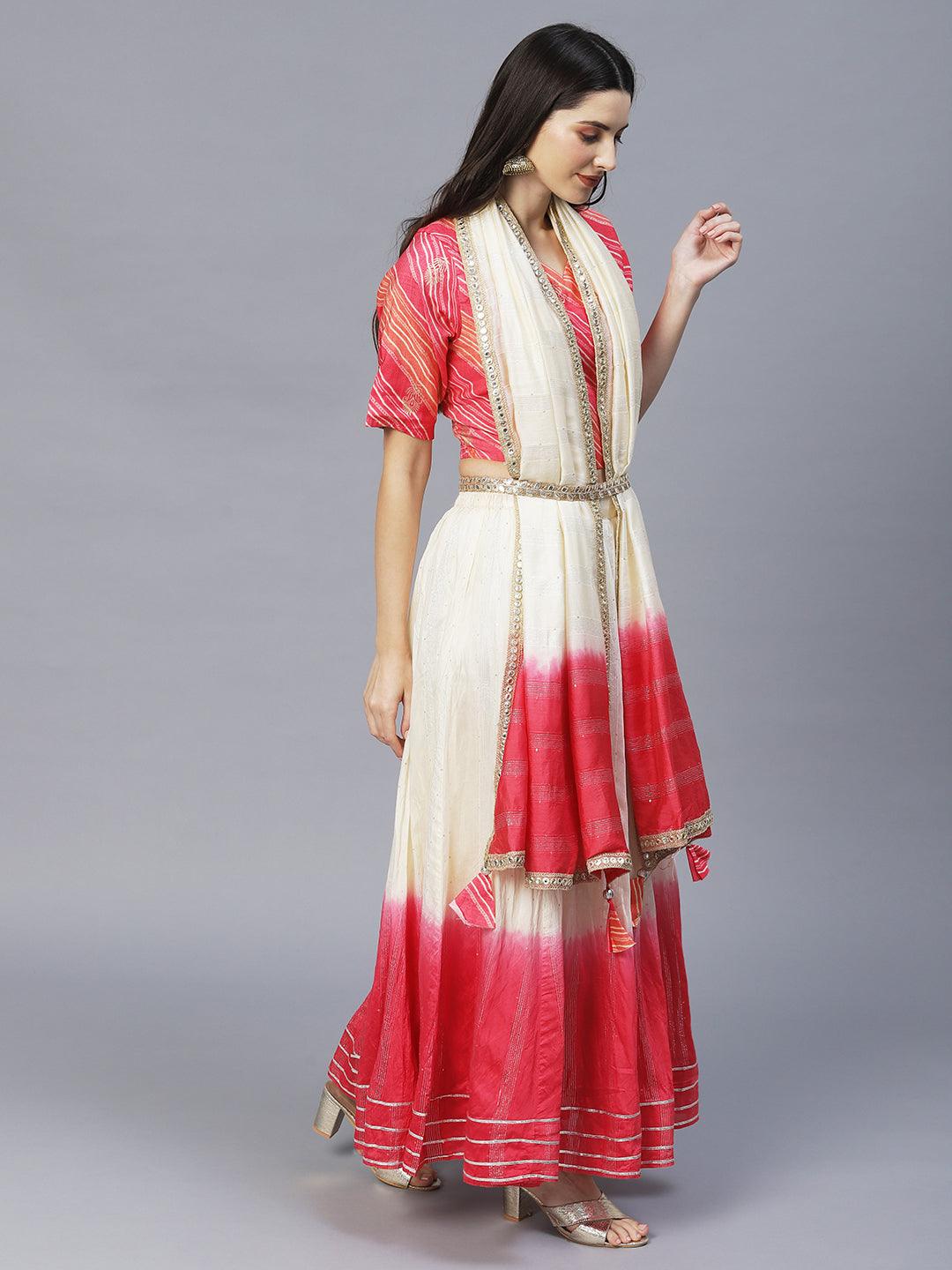 Ethnic Printed Short Top with Flared Skirt & Dupatta - Pink - Indiakreations