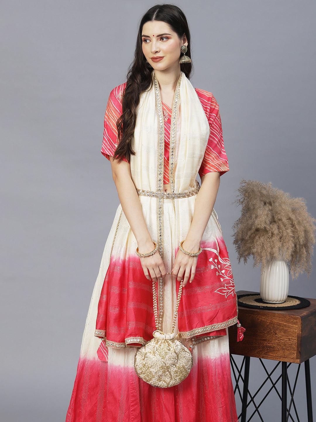 Ethnic Printed Short Top with Flared Skirt & Dupatta - Pink - Indiakreations