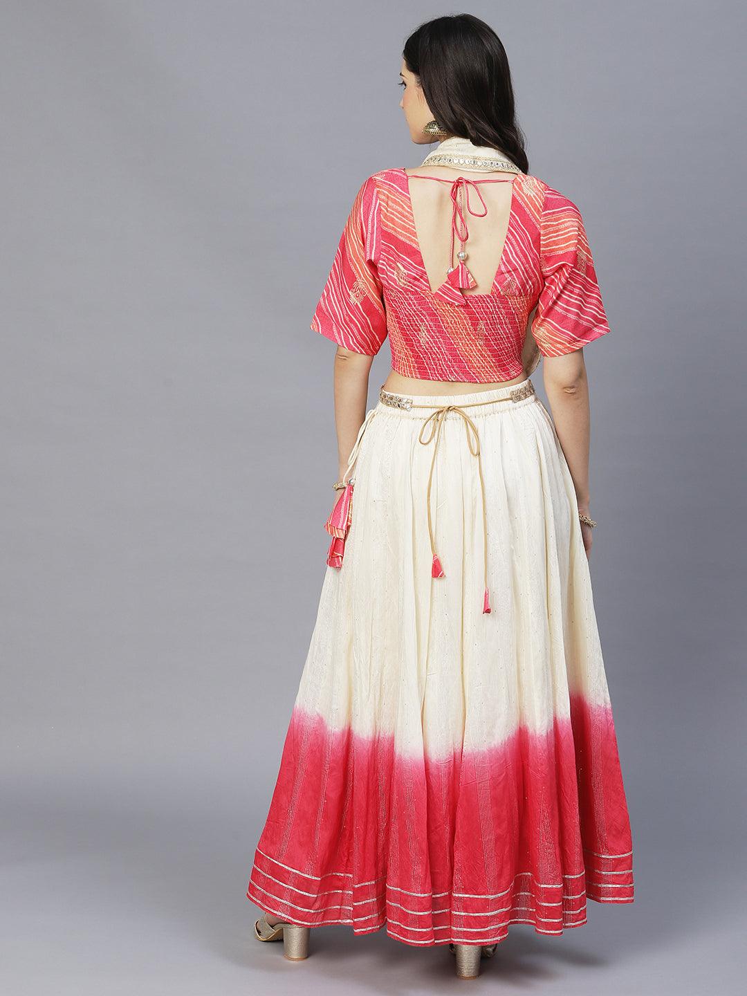 Ethnic Printed Short Top with Flared Skirt & Dupatta - Pink - Indiakreations