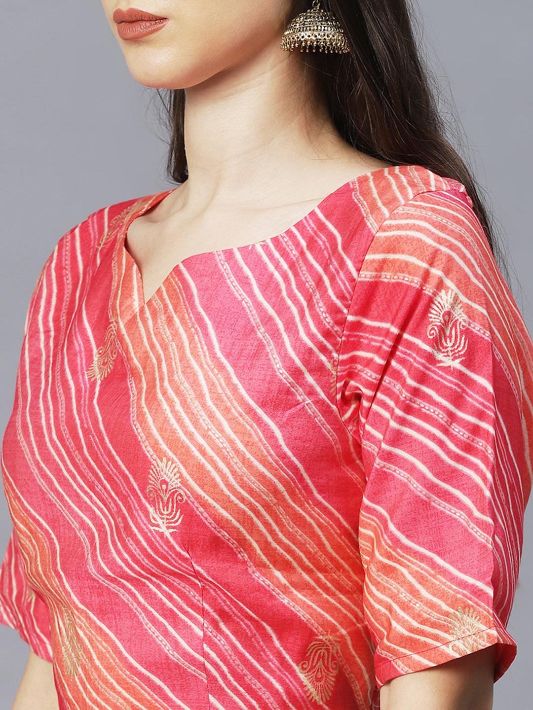 Ethnic Printed Short Top with Flared Skirt & Dupatta - Pink - Indiakreations