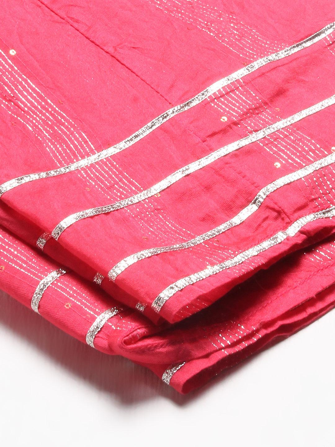 Ethnic Printed Short Top with Flared Skirt & Dupatta - Pink - Indiakreations