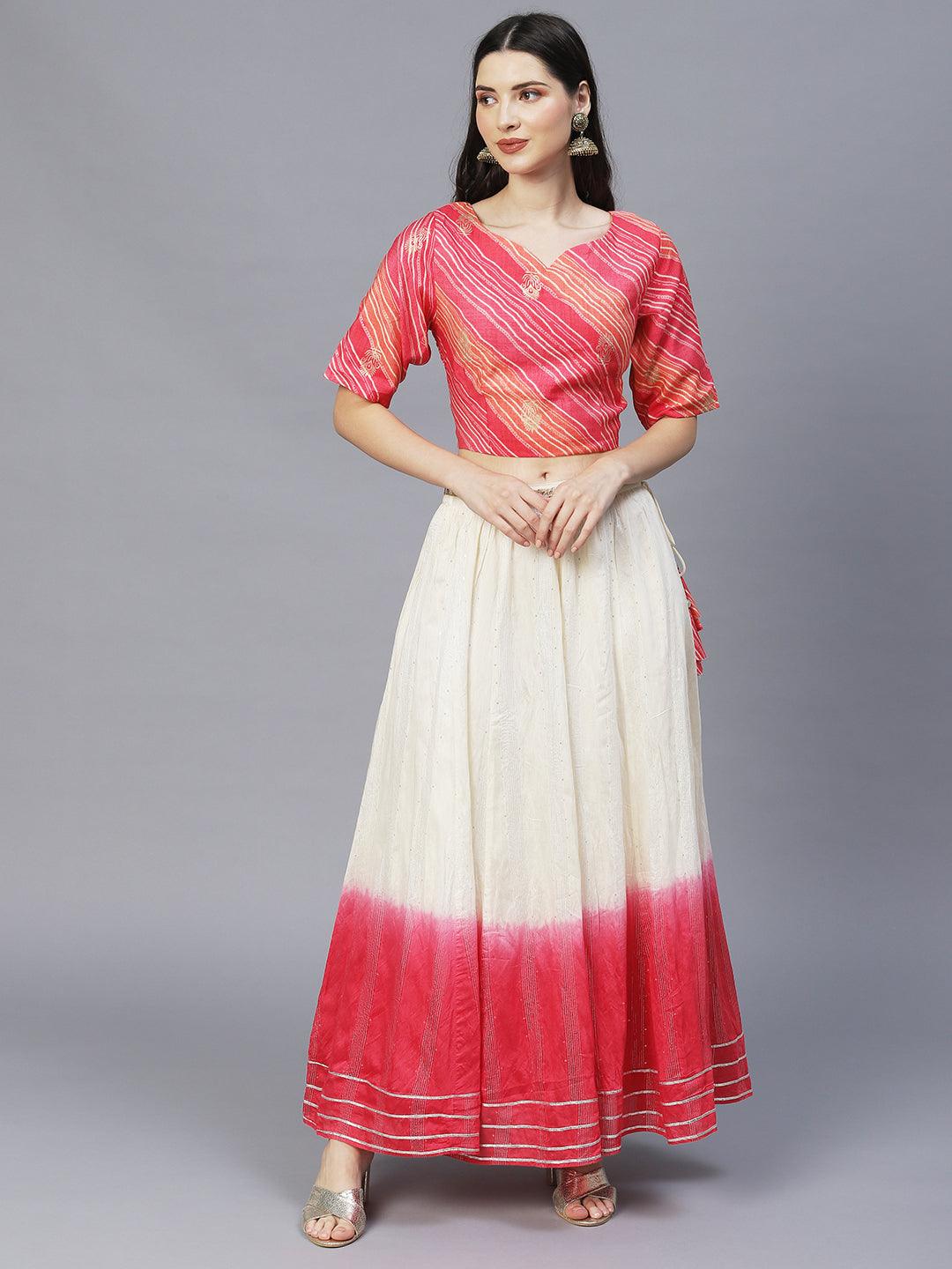 Ethnic Printed Short Top with Flared Skirt & Dupatta - Pink - Indiakreations