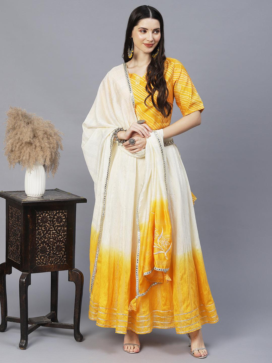 Ethnic Printed Short Top with Flared Skirt & Dupatta - Yellow - Indiakreations