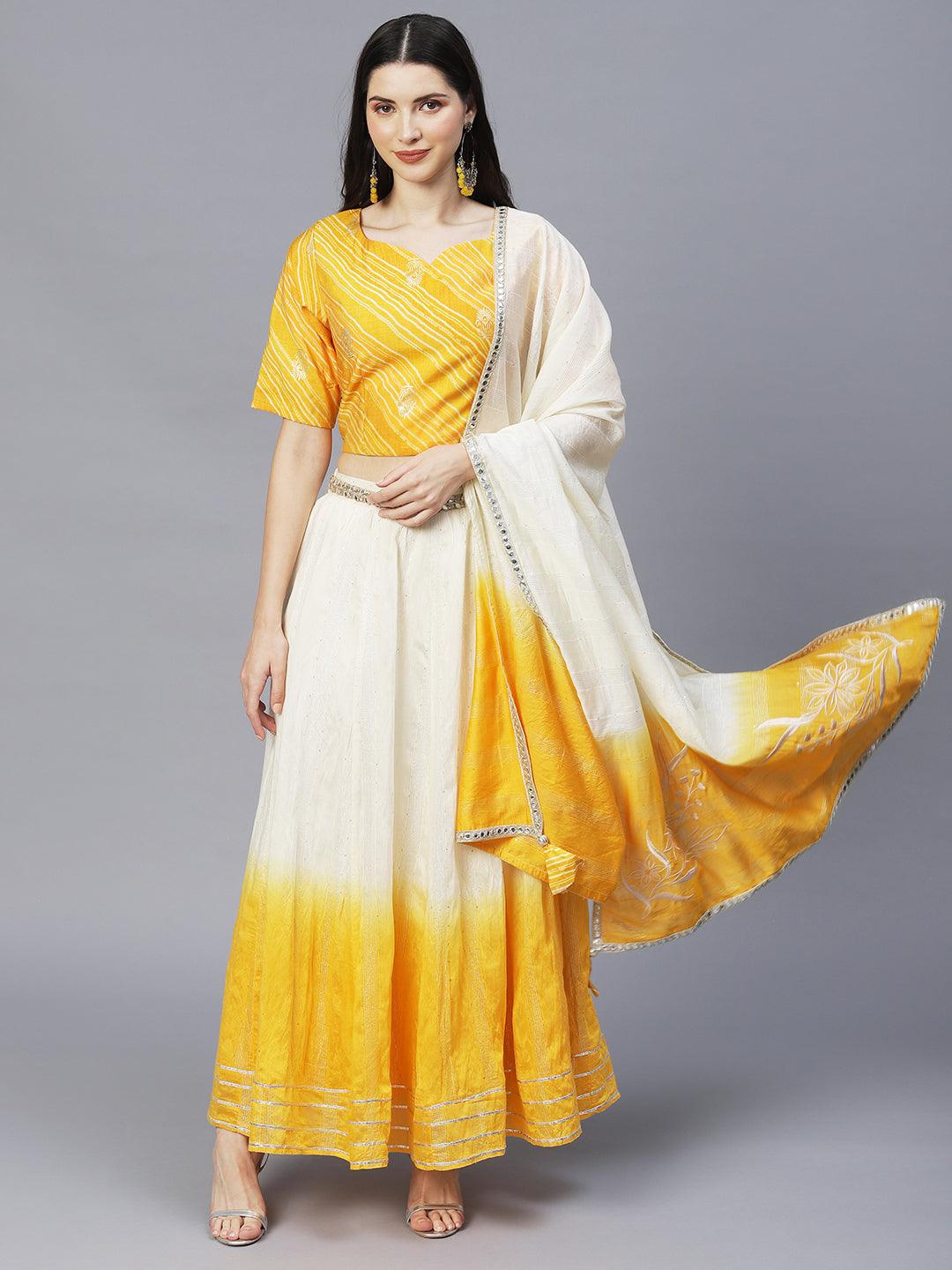 Ethnic Printed Short Top with Flared Skirt & Dupatta - Yellow - Indiakreations