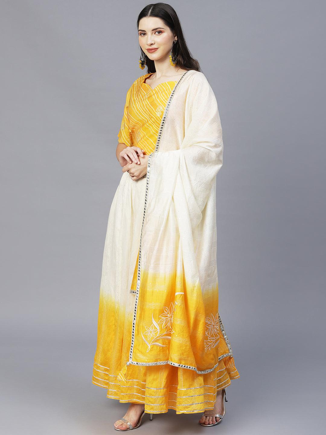 Ethnic Printed Short Top with Flared Skirt & Dupatta - Yellow - Indiakreations