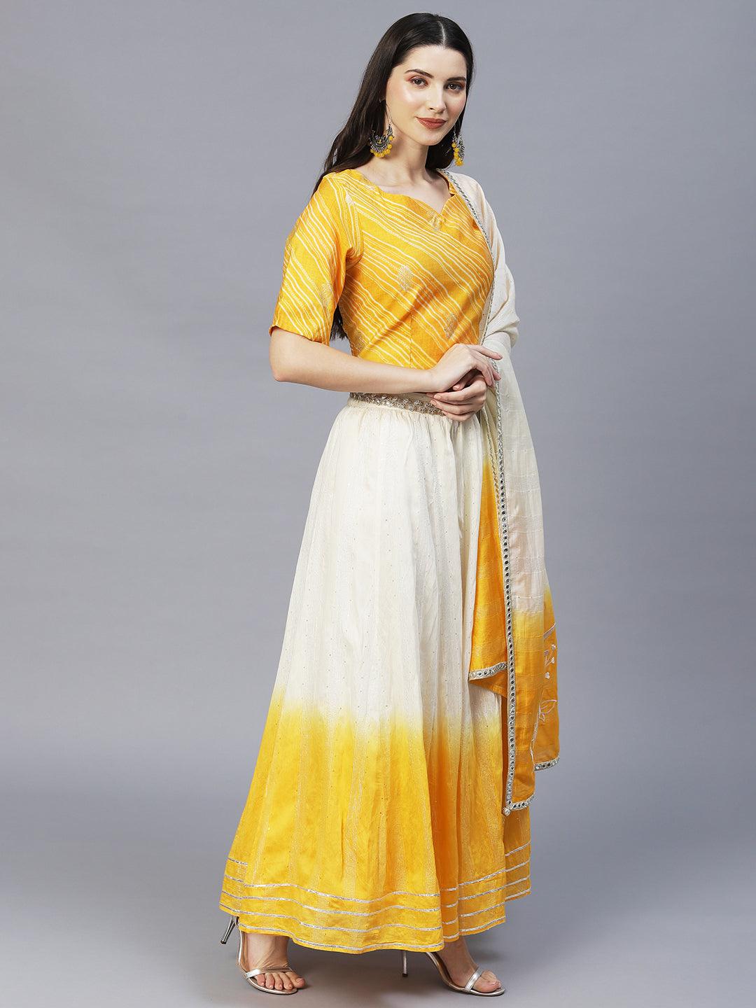 Ethnic Printed Short Top with Flared Skirt & Dupatta - Yellow - Indiakreations