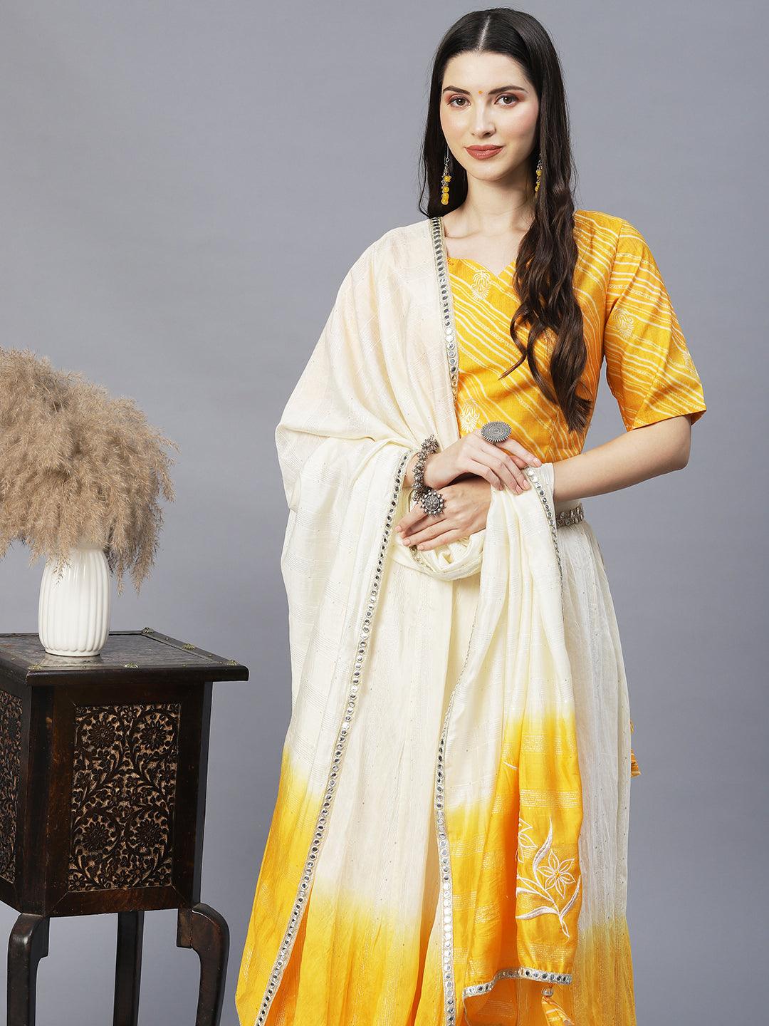 Ethnic Printed Short Top with Flared Skirt & Dupatta - Yellow - Indiakreations