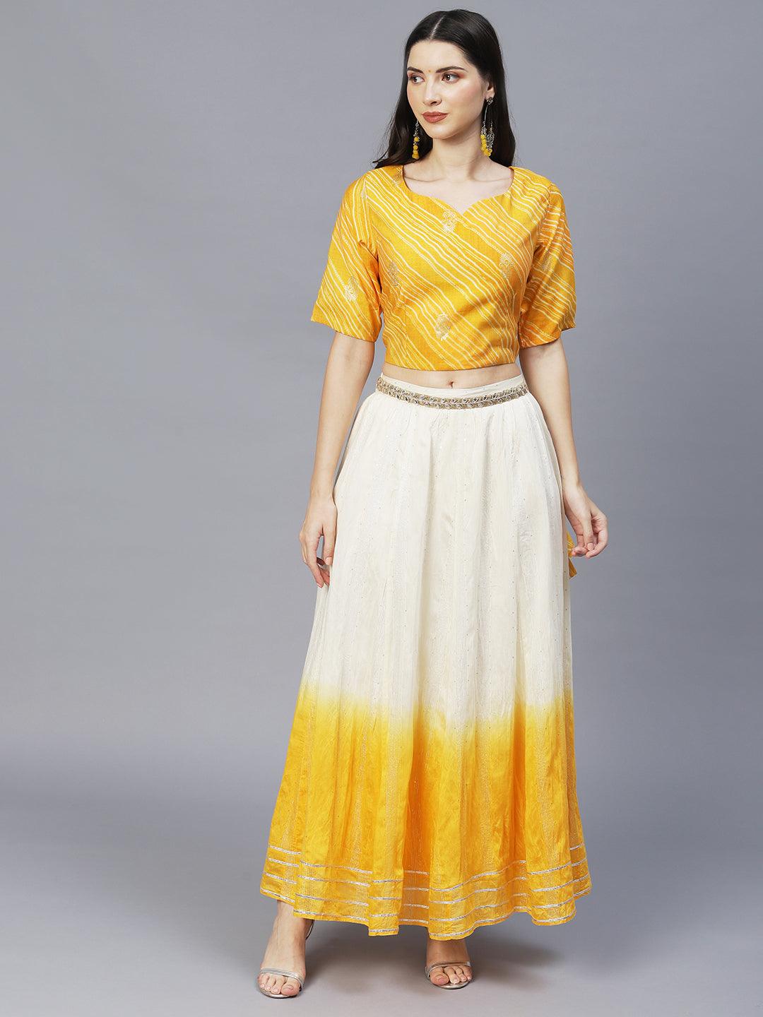 Ethnic Printed Short Top with Flared Skirt & Dupatta - Yellow - Indiakreations