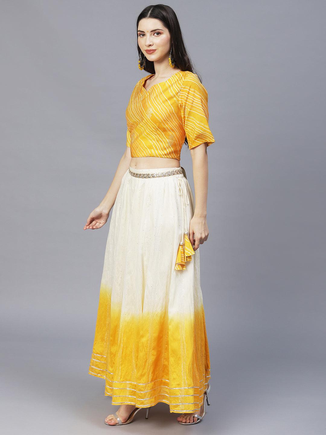 Ethnic Printed Short Top with Flared Skirt & Dupatta - Yellow - Indiakreations