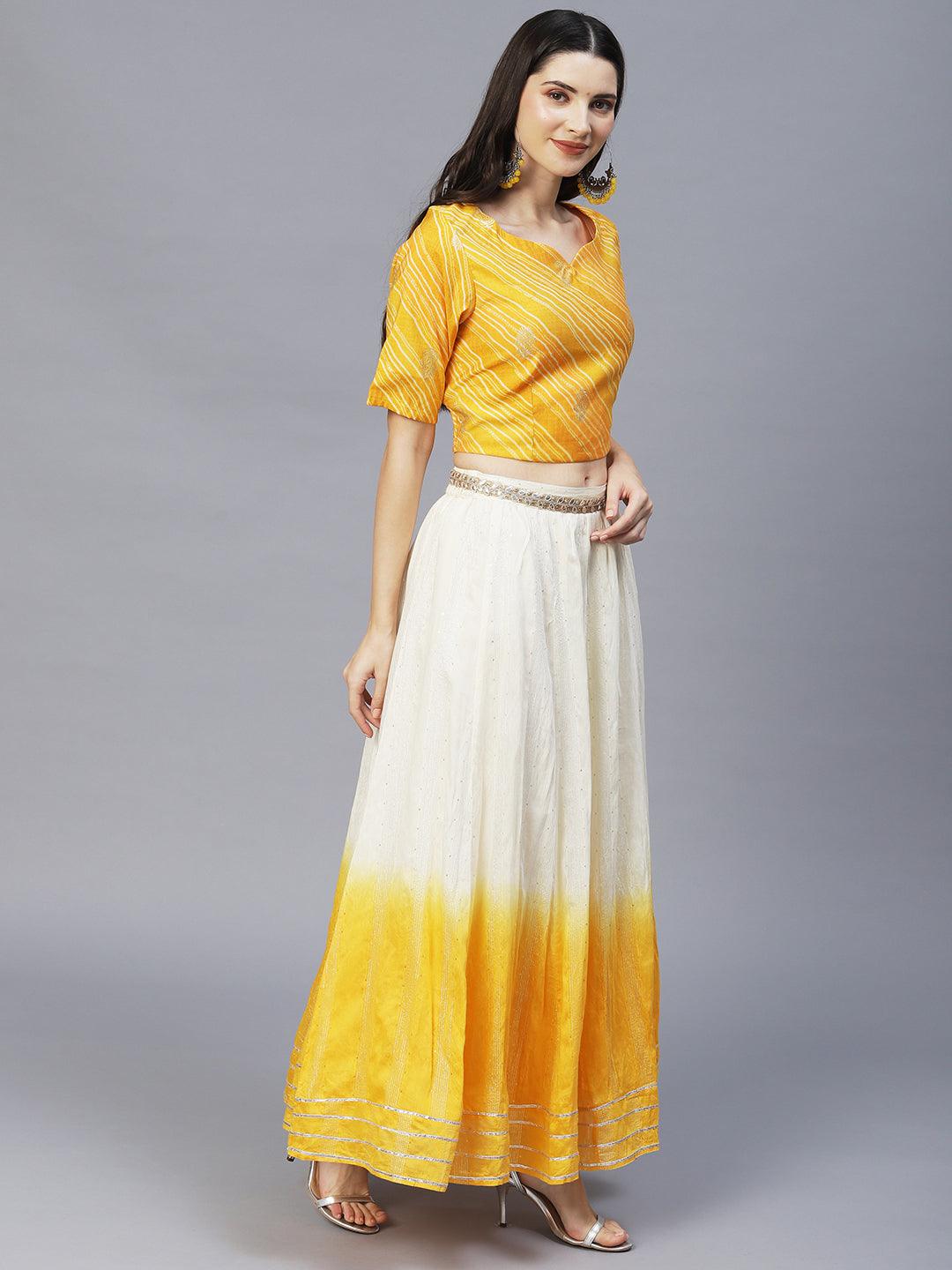 Ethnic Printed Short Top with Flared Skirt & Dupatta - Yellow - Indiakreations