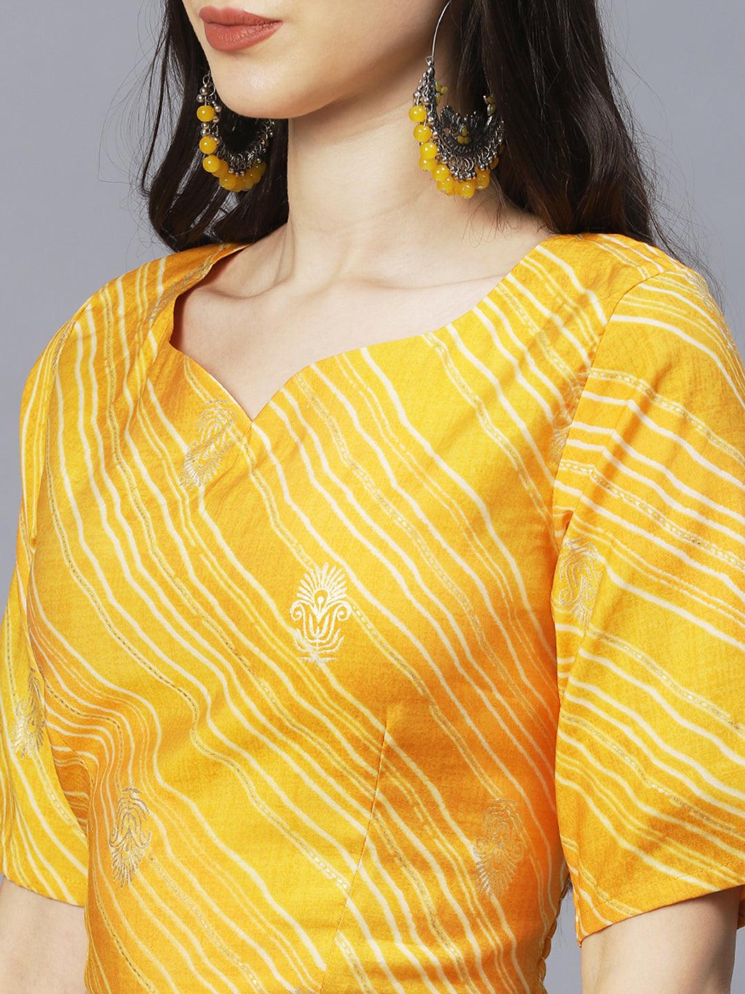 Ethnic Printed Short Top with Flared Skirt & Dupatta - Yellow - Indiakreations