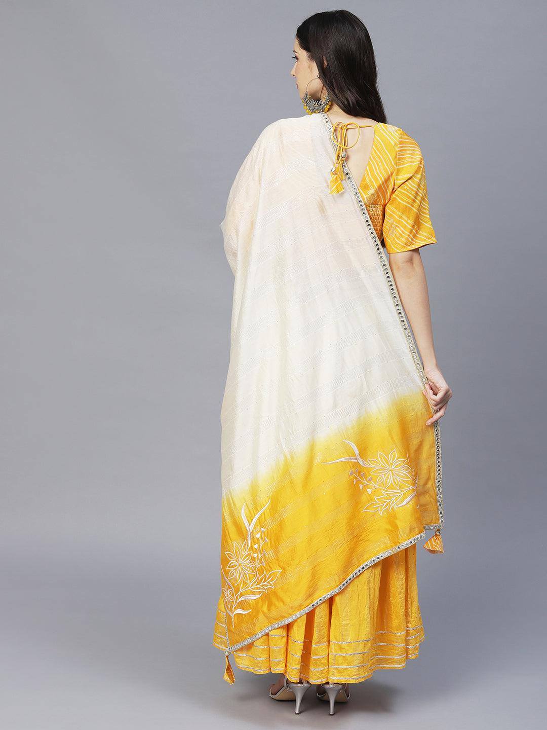 Ethnic Printed Short Top with Flared Skirt & Dupatta - Yellow - Indiakreations