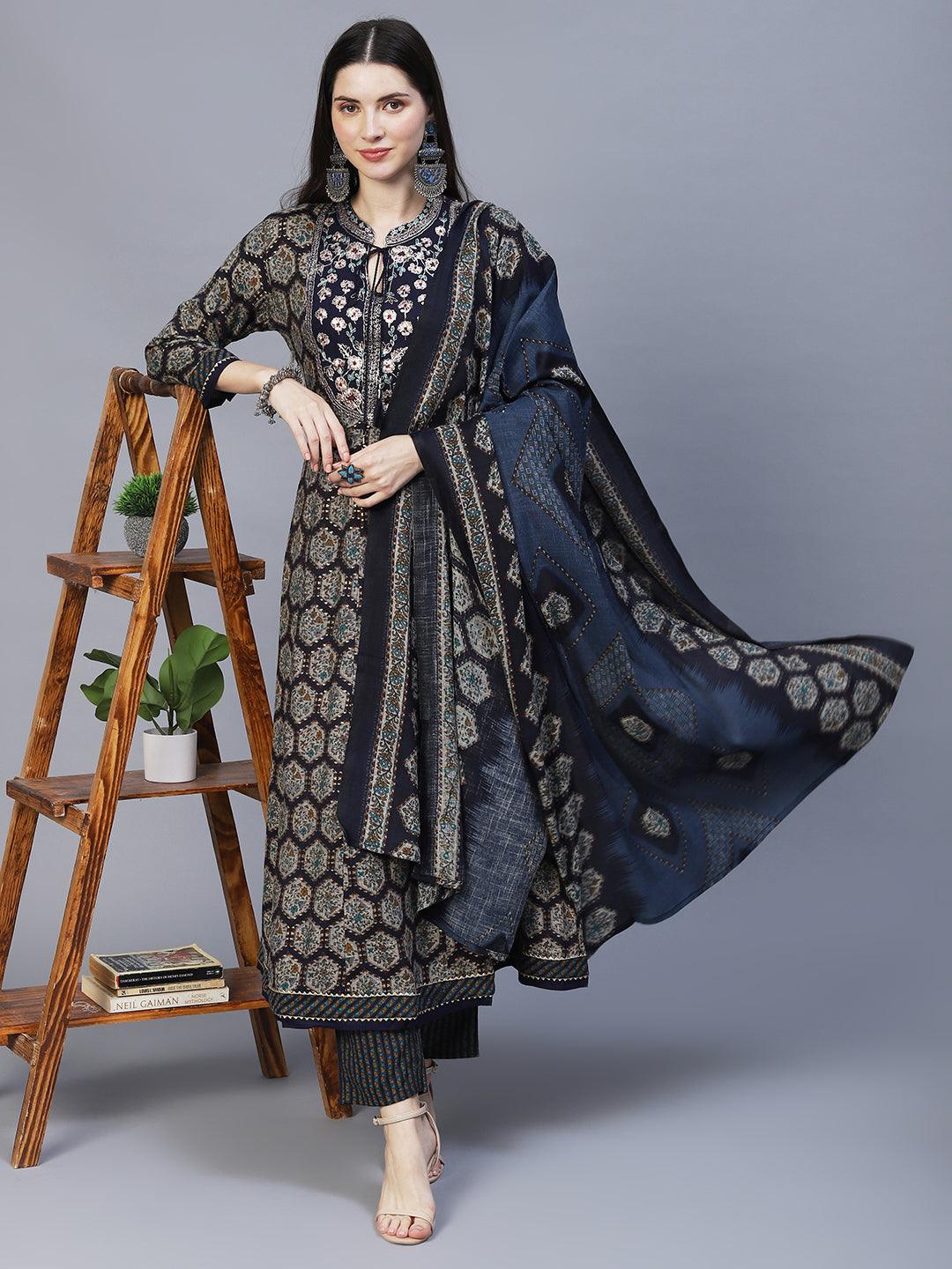 Ethnic Printed & Embroidered Anarkali Kurta with Pants & Dupatta - Navy Blue - Indiakreations