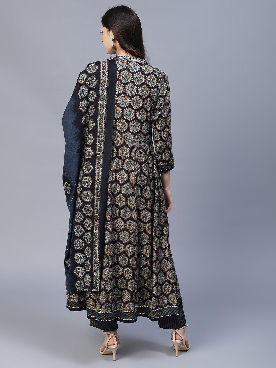 Ethnic Printed & Embroidered Anarkali Kurta with Pants & Dupatta - Navy Blue - Indiakreations