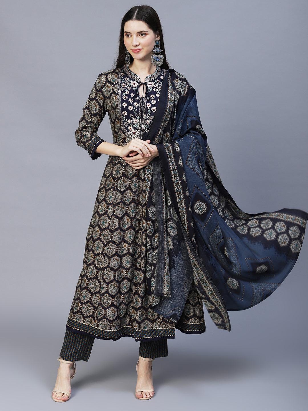 Ethnic Printed & Embroidered Anarkali Kurta with Pants & Dupatta - Navy Blue - Indiakreations