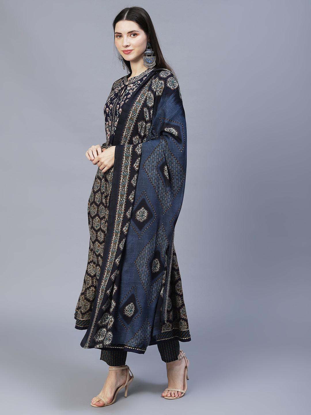 Ethnic Printed & Embroidered Anarkali Kurta with Pants & Dupatta - Navy Blue - Indiakreations