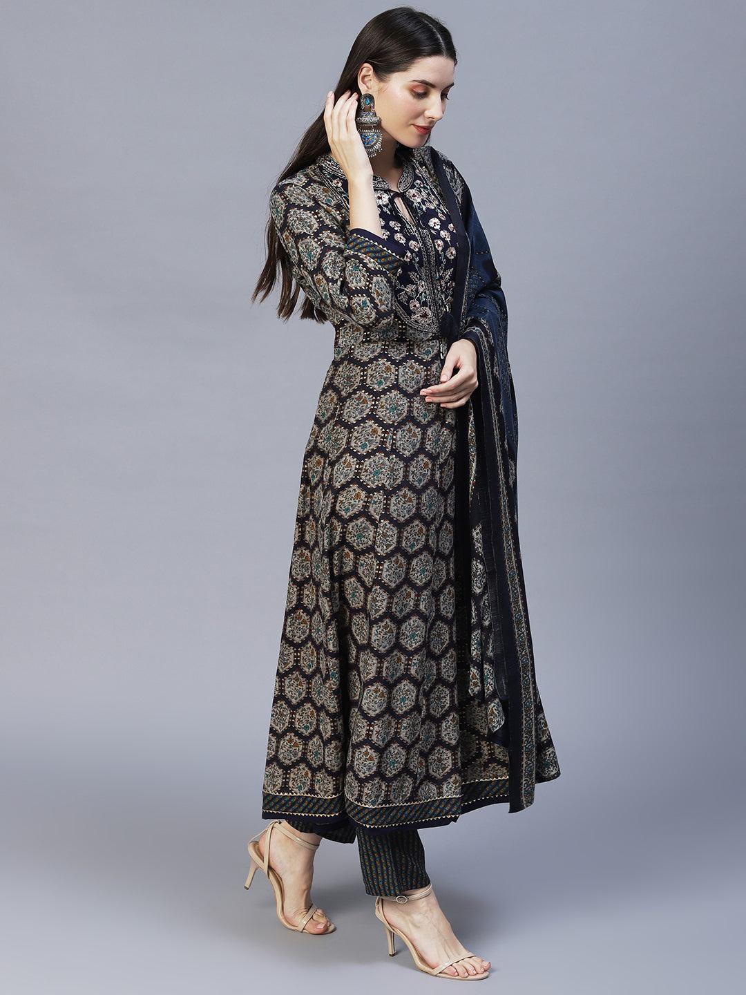 Ethnic Printed & Embroidered Anarkali Kurta with Pants & Dupatta - Navy Blue - Indiakreations