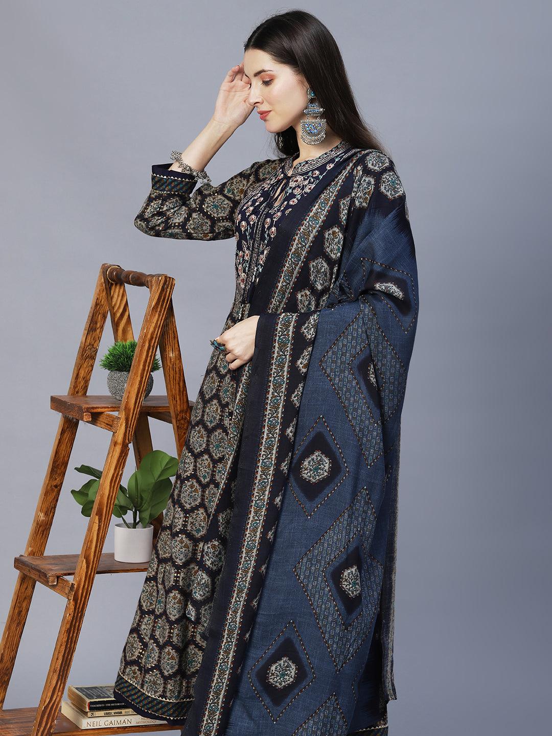 Ethnic Printed & Embroidered Anarkali Kurta with Pants & Dupatta - Navy Blue - Indiakreations