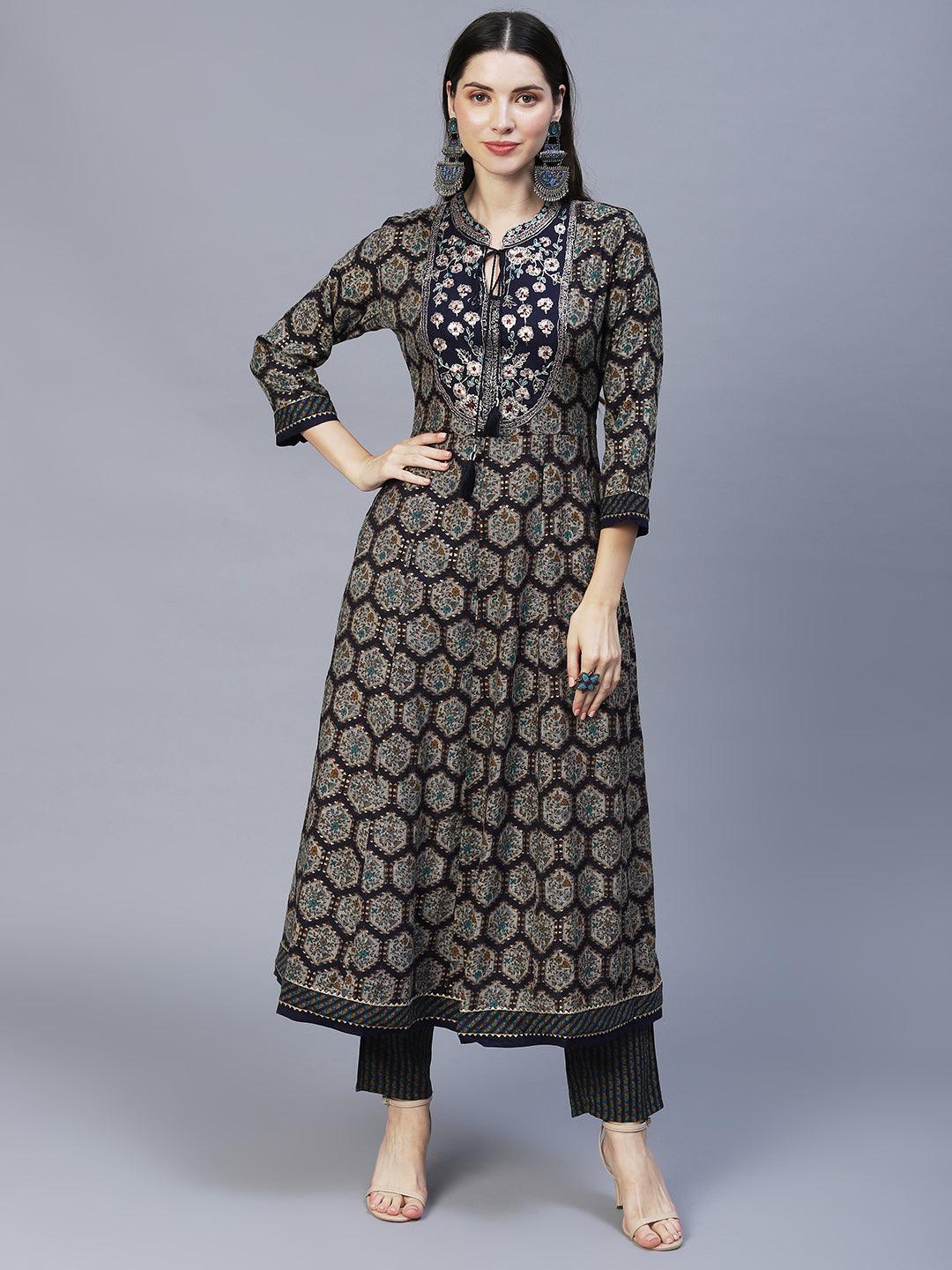 Ethnic Printed & Embroidered Anarkali Kurta with Pants & Dupatta - Navy Blue - Indiakreations