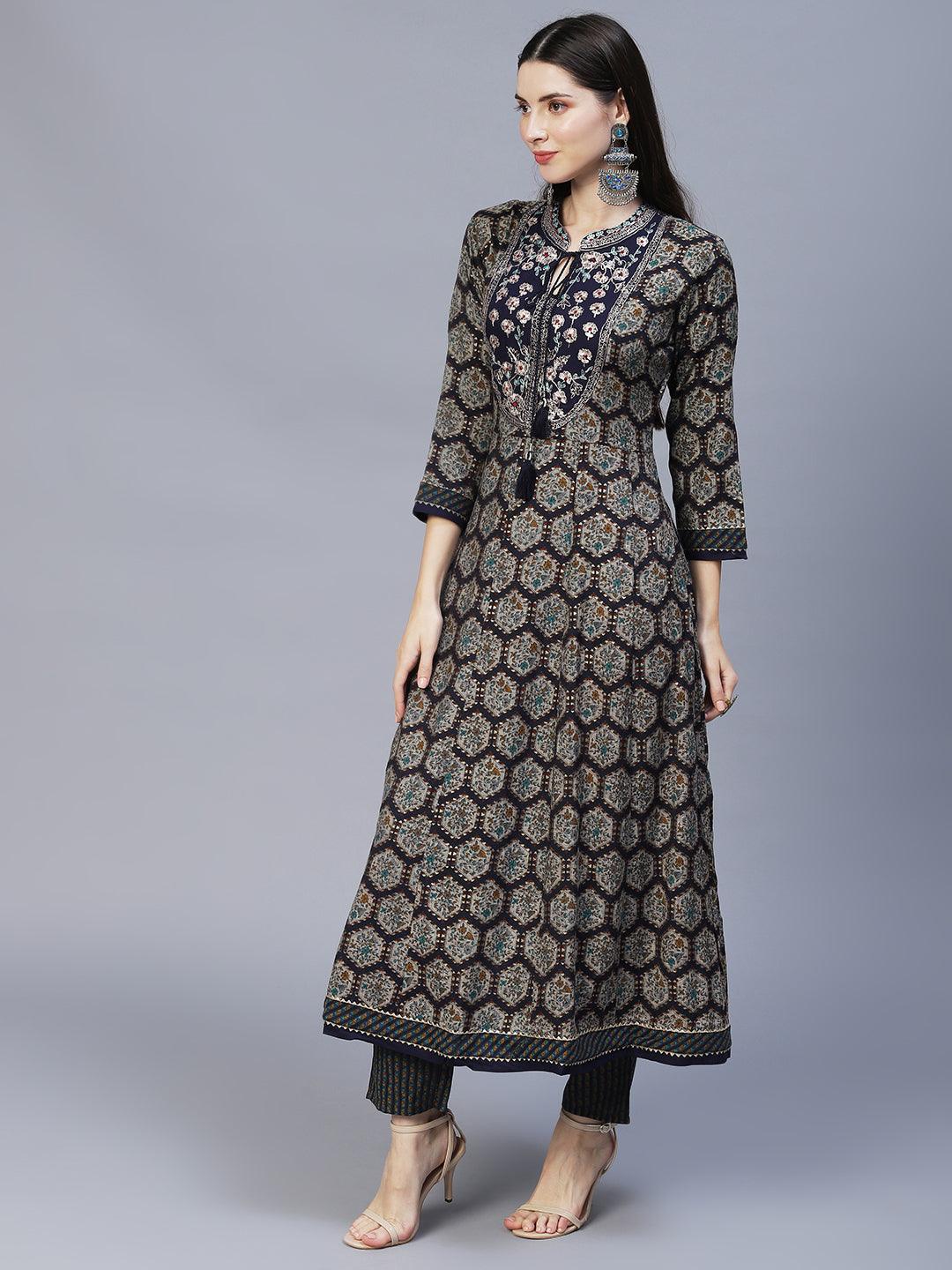 Ethnic Printed & Embroidered Anarkali Kurta with Pants & Dupatta - Navy Blue - Indiakreations