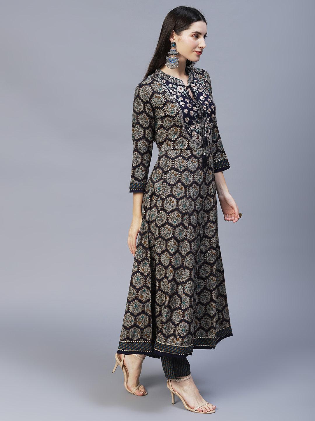 Ethnic Printed & Embroidered Anarkali Kurta with Pants & Dupatta - Navy Blue - Indiakreations