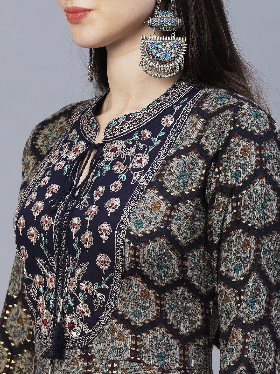 Ethnic Printed & Embroidered Anarkali Kurta with Pants & Dupatta - Navy Blue - Indiakreations