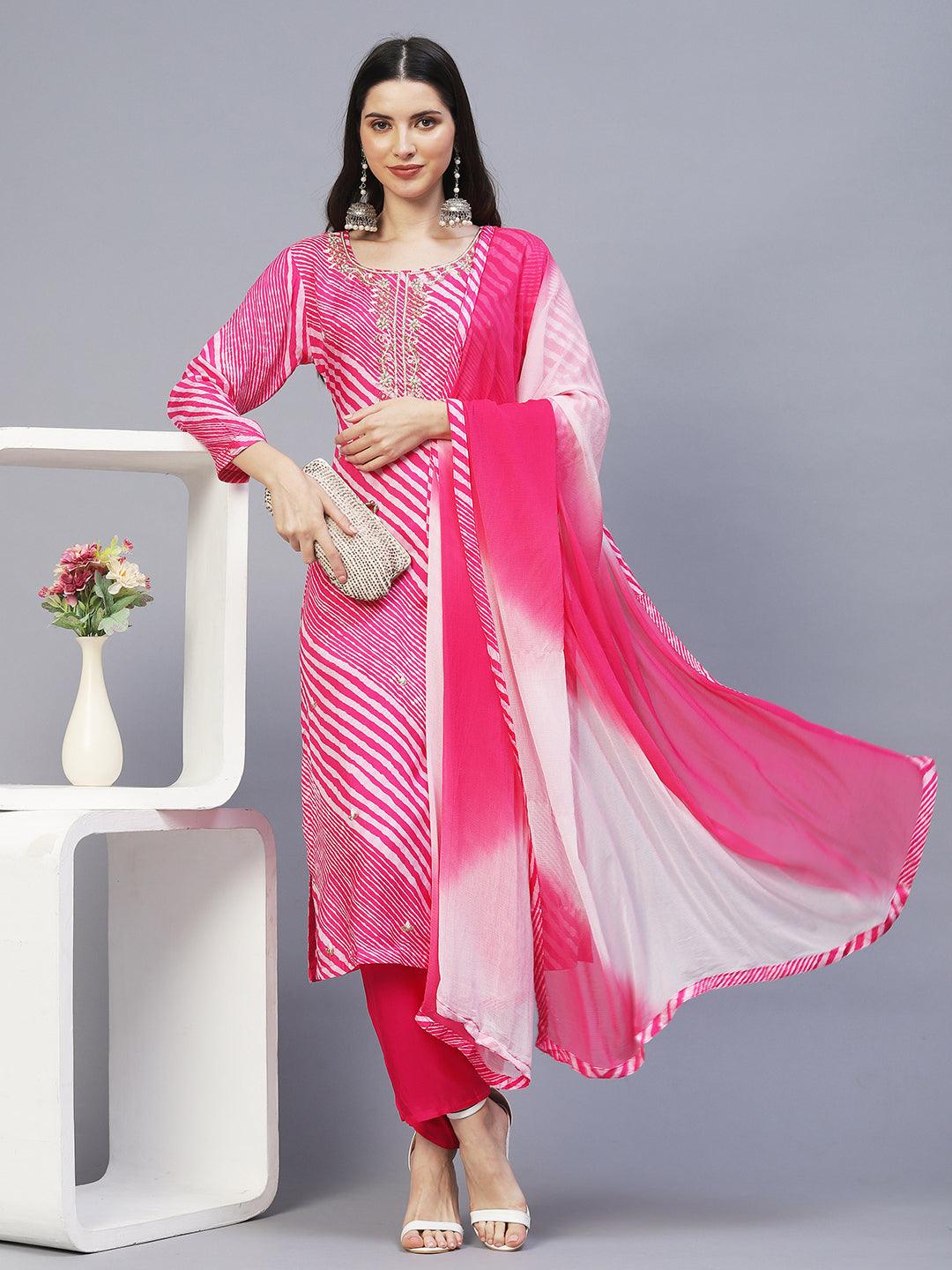 Leheriya Printed & Hand Embroidered Kurta with Pants & Dupatta - Pink - Indiakreations