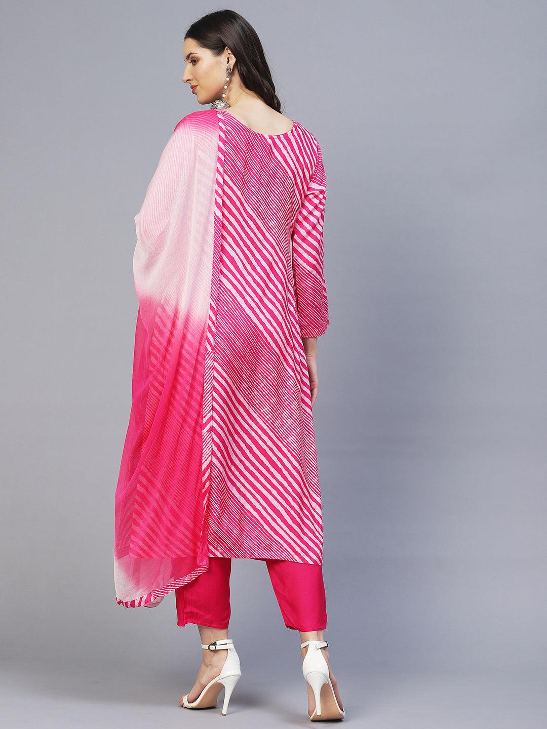 Leheriya Printed & Hand Embroidered Kurta with Pants & Dupatta - Pink - Indiakreations